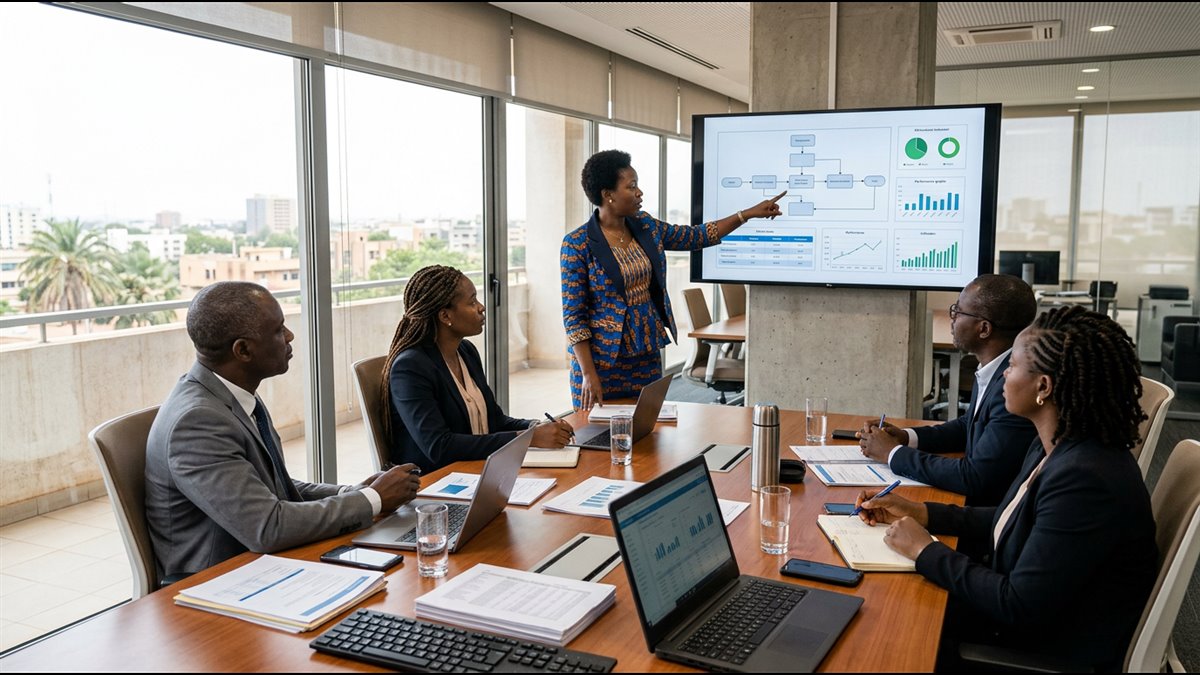 Revue de direction consacrée à la transition ISO 9001:2026 dans une salle de réunion à Ouagadougou