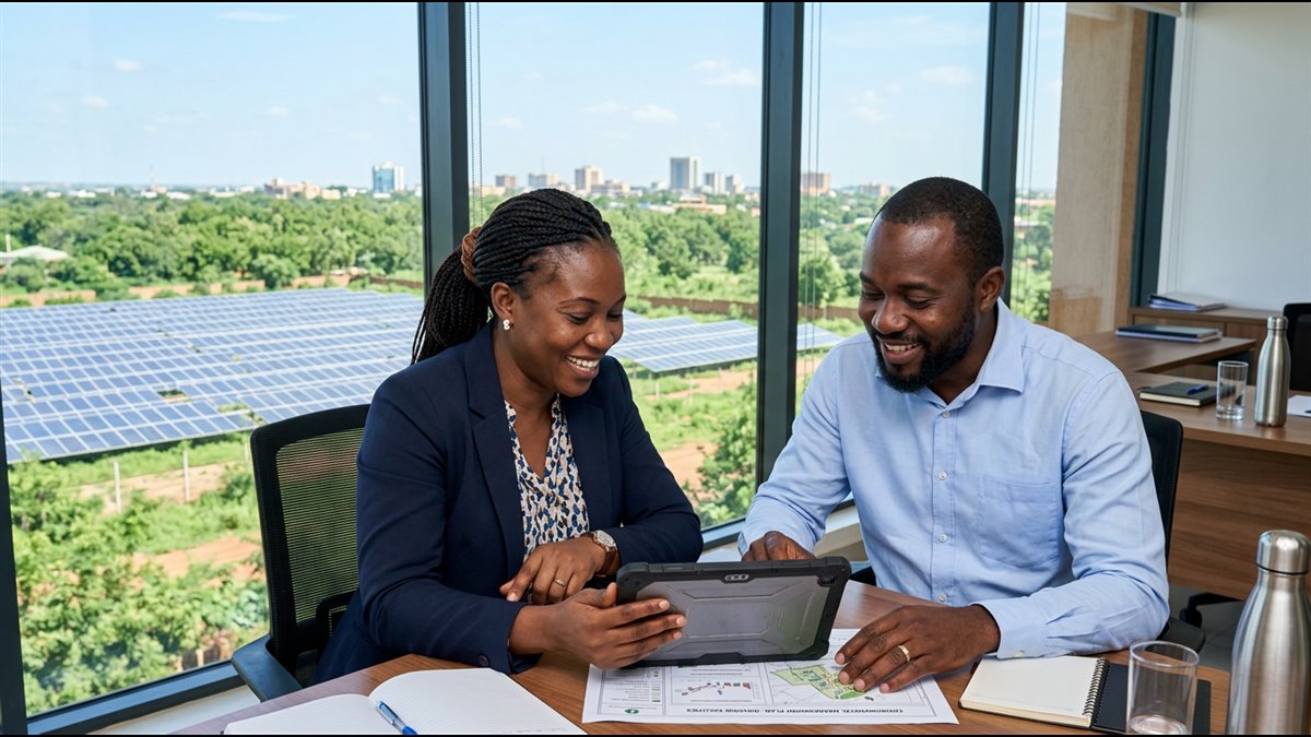Responsable environnement et auditeur interne examinant un plan de transition ISO 14001 devant un champ de panneaux solaires à Ouagadougou