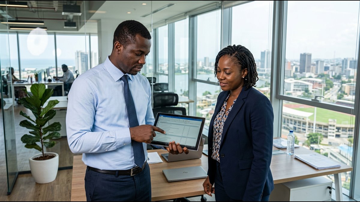 Auditeur interne et responsable qualité examinant une liste de contrôle ISO 9001 sur tablette dans un bureau moderne à Abidjan