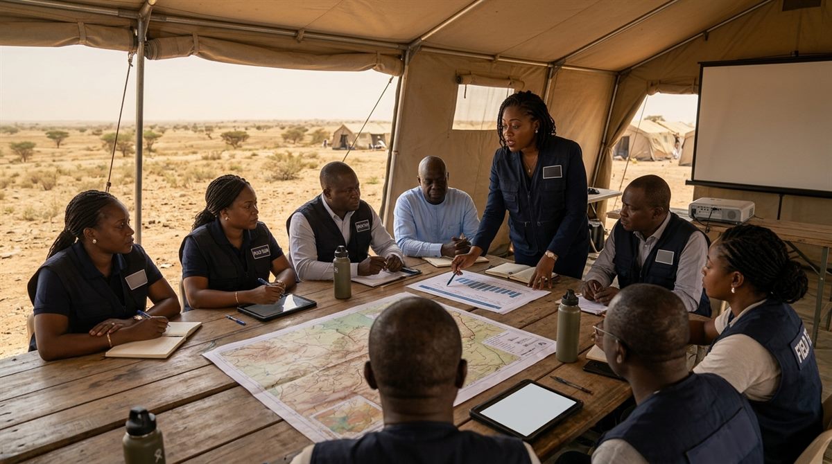 Équipe humanitaire en réunion de coordination sous une tente au Sahel