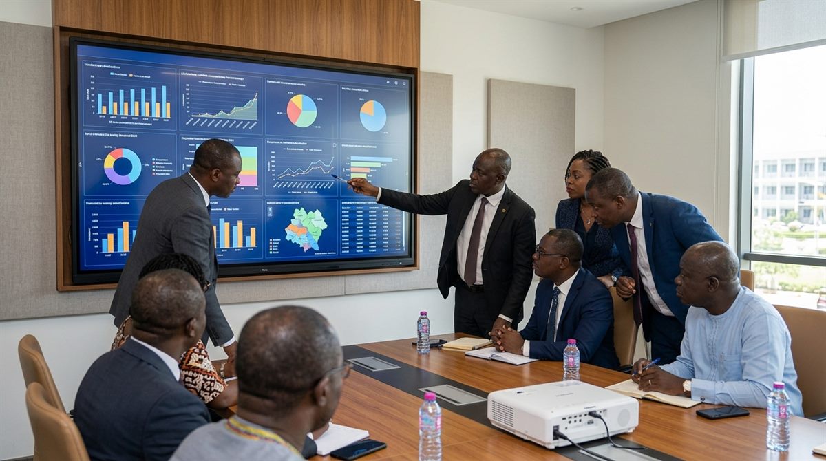 Managers devant un écran de tableaux de bord et de visualisations de données