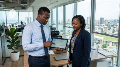 Auditeur interne et responsable qualité examinant une liste de contrôle ISO 9001 sur tablette dans un bureau moderne à Abidjan